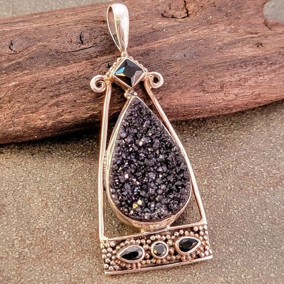Sterling Contemporary Bali Style Black Druzy Stone Pendant - Picture 2 of 8